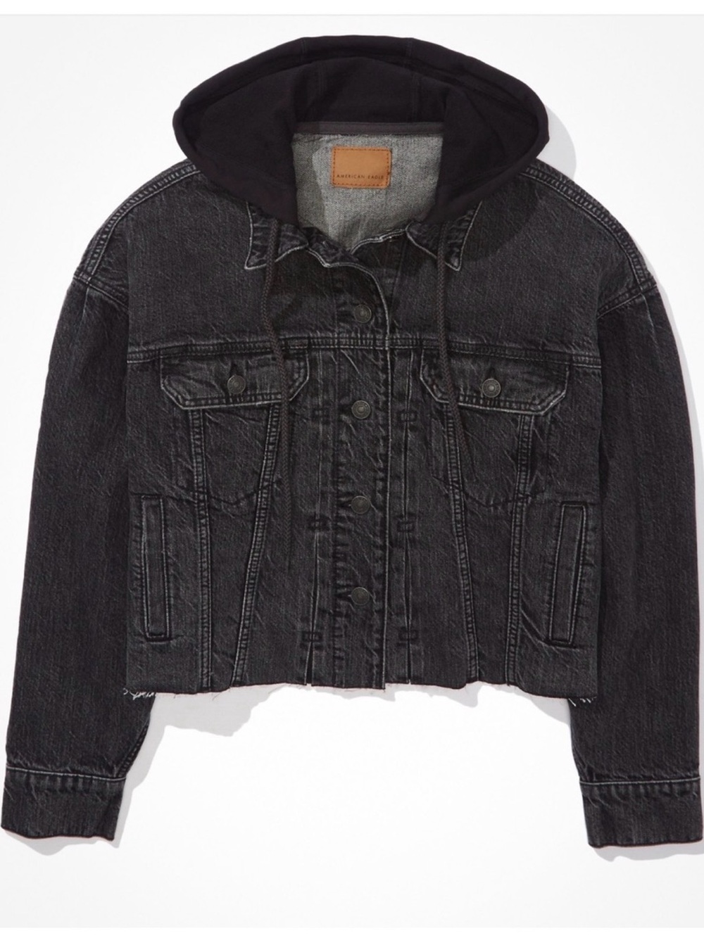 American Eagle Gray Denim Jacket with Tan Leather Label